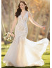 Deep V Neck Beaded Ivory Lace Tulle Deep V Back Wedding Dress